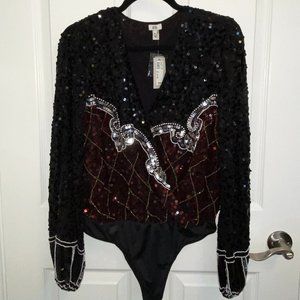 Long Sleeved Dark Red and Black Sequin Bodysuit Jacket - NWT